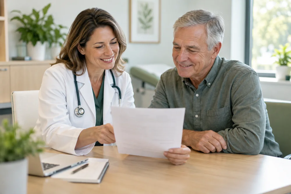 A doctor and a patient in his sixties reviewing a lab report together