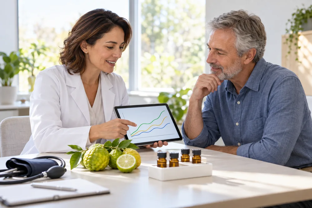 A researcher in a lab coat reviewing results with a study participant, with bergamot fruit and sample vials on the table