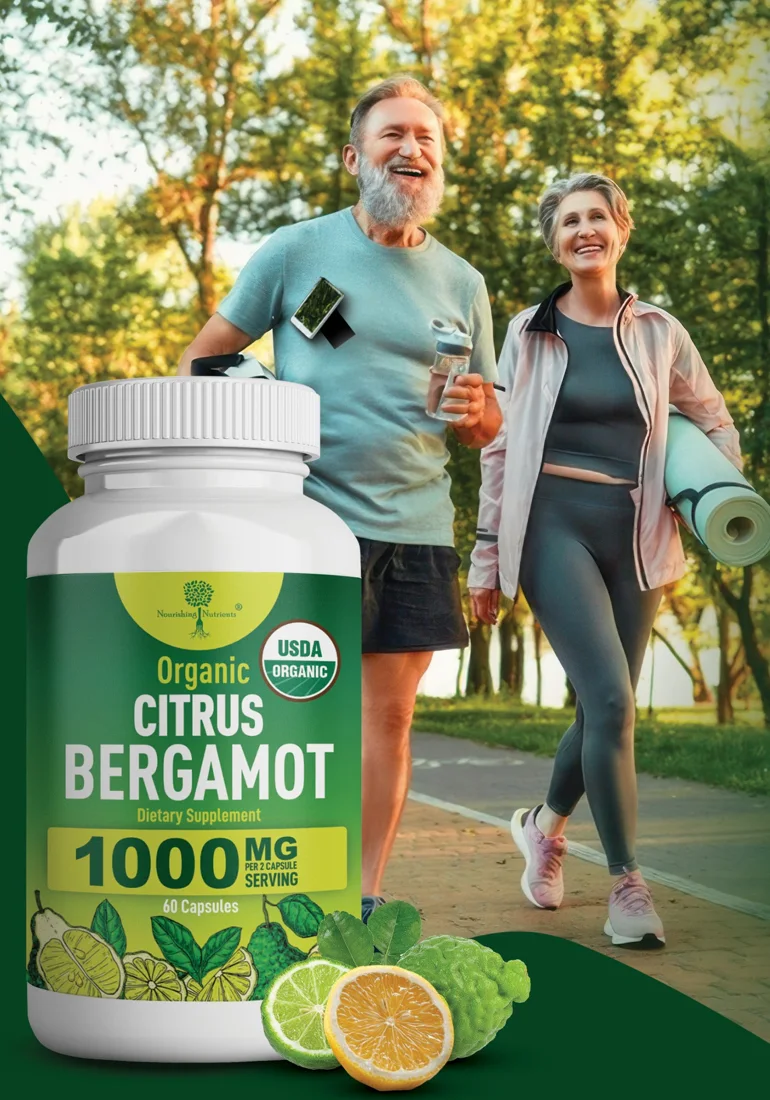 An active older couple out for a walk, with the Organic Citrus Bergamot bottle