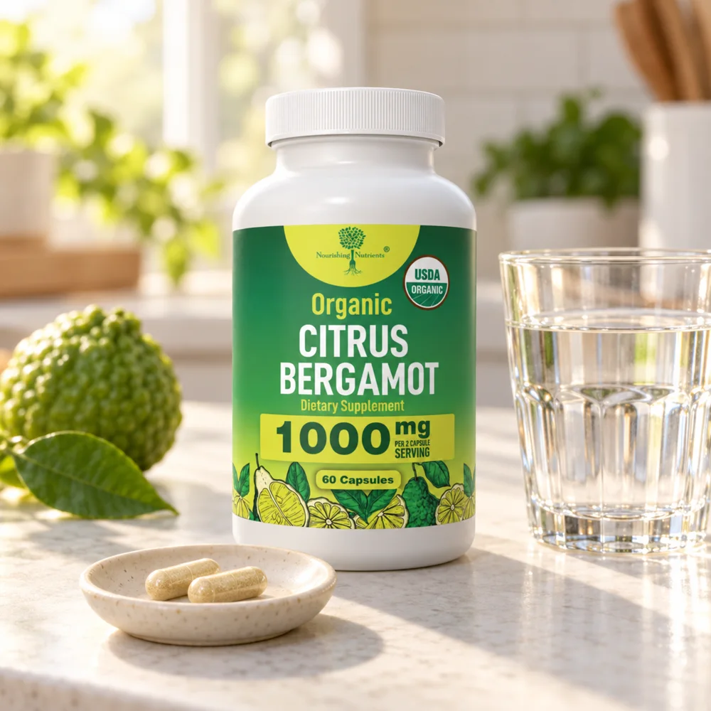 The Organic Citrus Bergamot bottle with two capsules and a glass of water