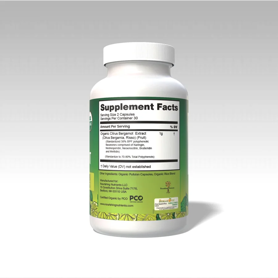 Supplement Facts panel: Organic Citrus Bergamot Extract 1 g per 2 capsules
