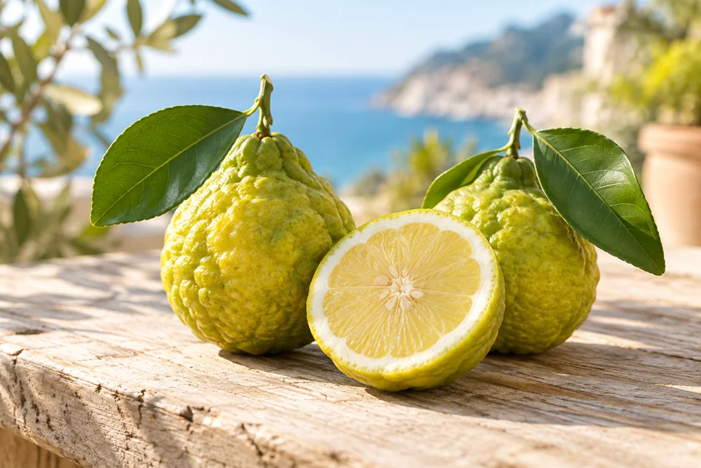Fresh bergamot fruit, whole and cut in half, with leaves