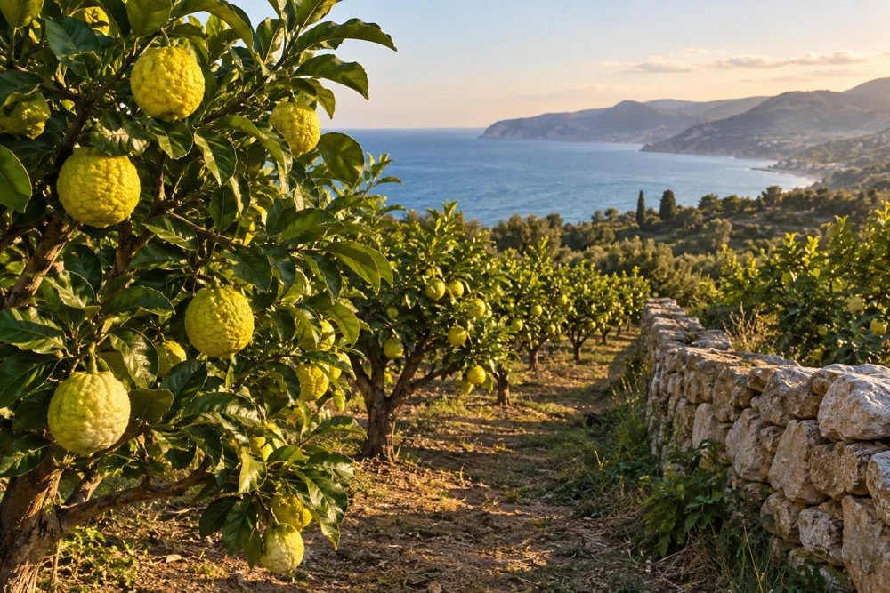 A bergamot orchard on the coast of Calabria, Italy, at golden hour